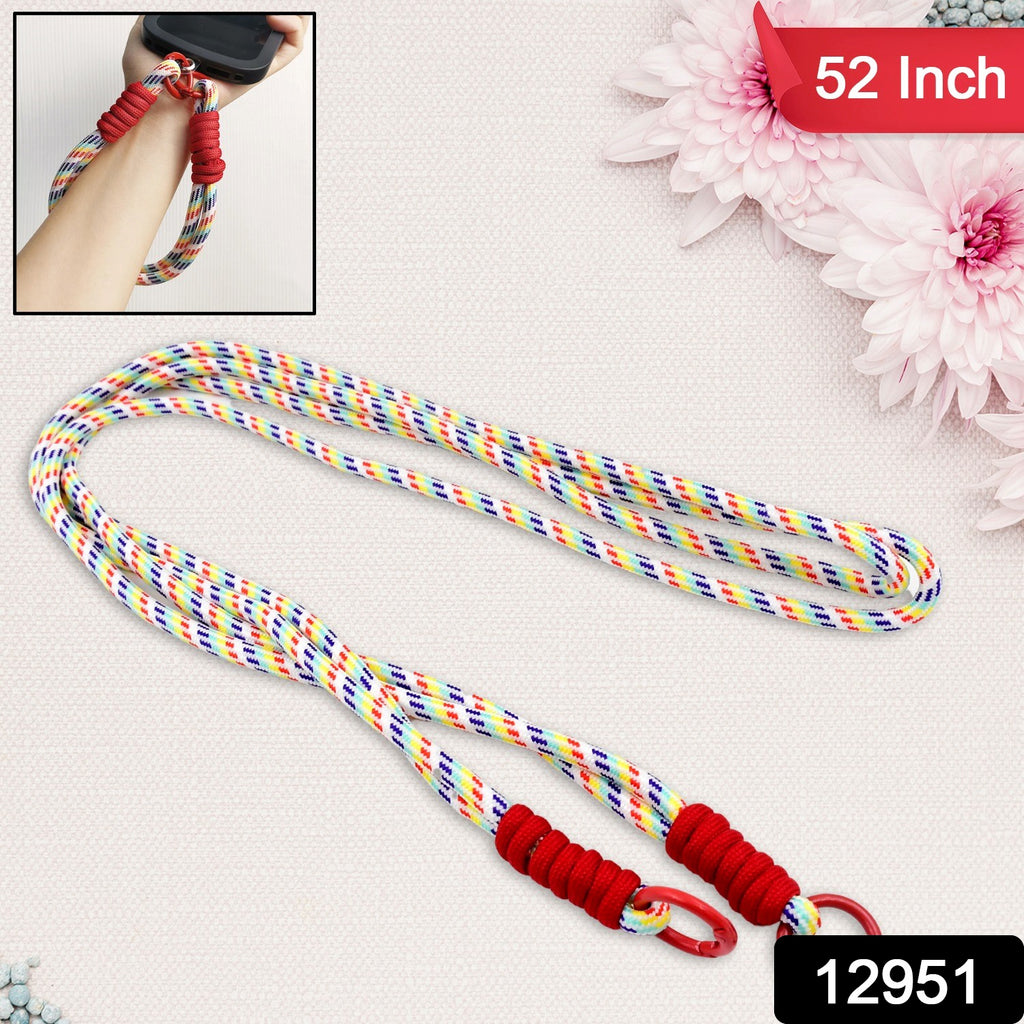 Universal cross-body cell phone lanyard in multicolor, securing a smartphone for hands-free convenience.