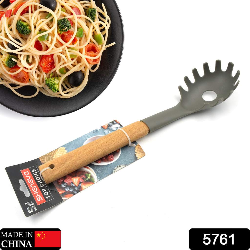 Black heat-resistant non-stick plastic pasta spoon, a kitchen cookware item.