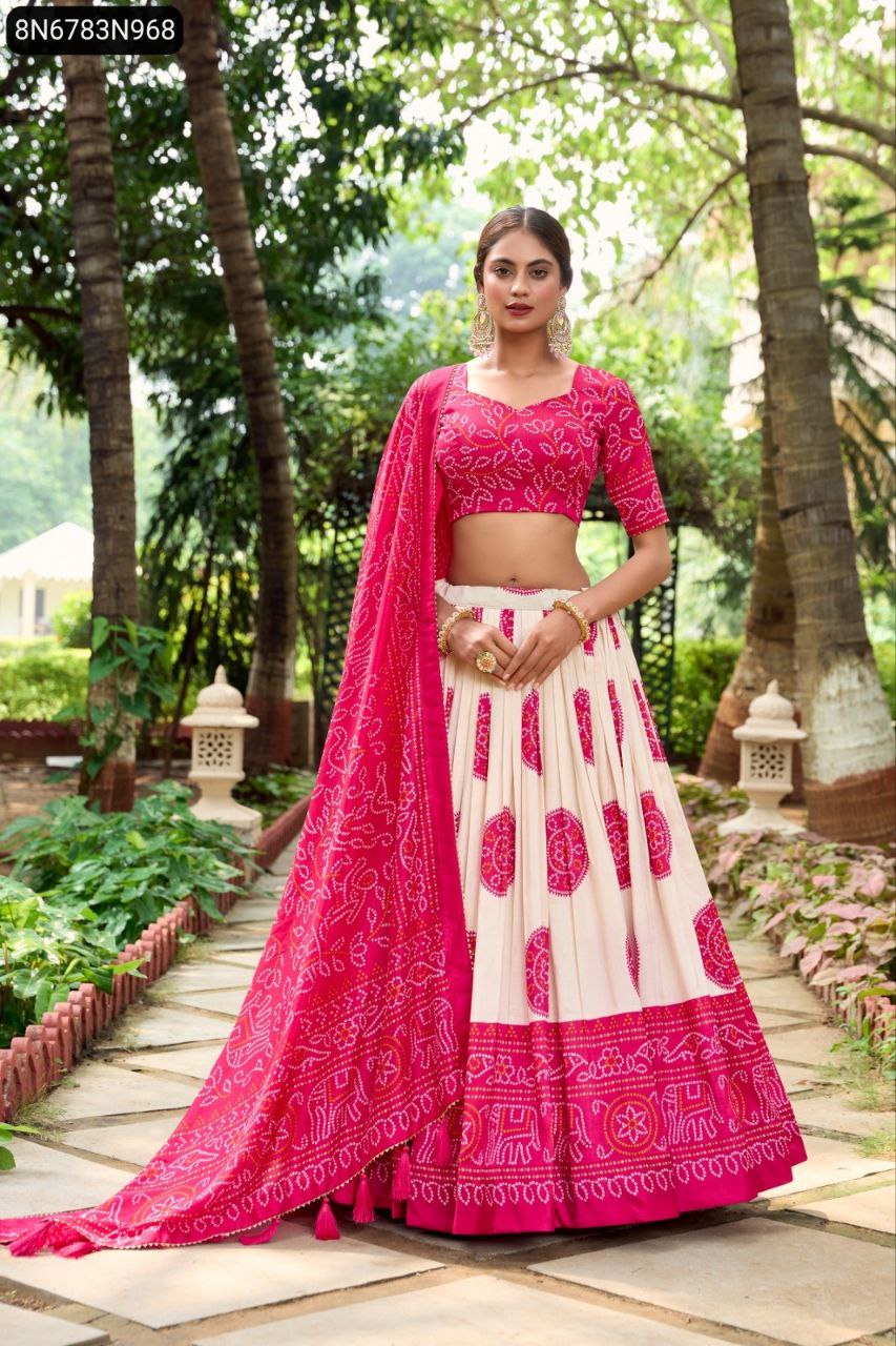 TRENDBUY Pink and Cream Tasar Silk Printed Lehenga Choli for Women