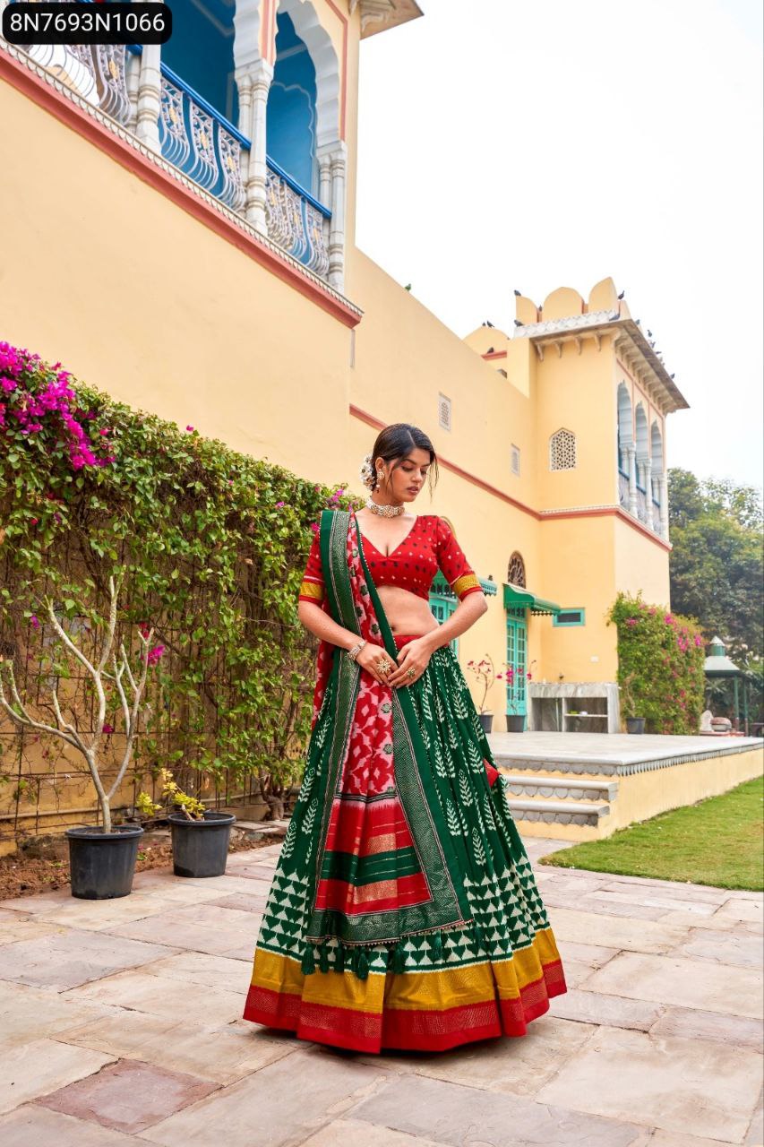 TRENDBUY Emerald Green and Red Tasar Silk Printed Lehenga Choli for Women with Foil Print and Tassels.
