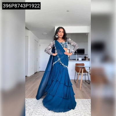 Teal Blue Faux Georgette Ruffled Lehenga Saree for Women | Festive Glam
