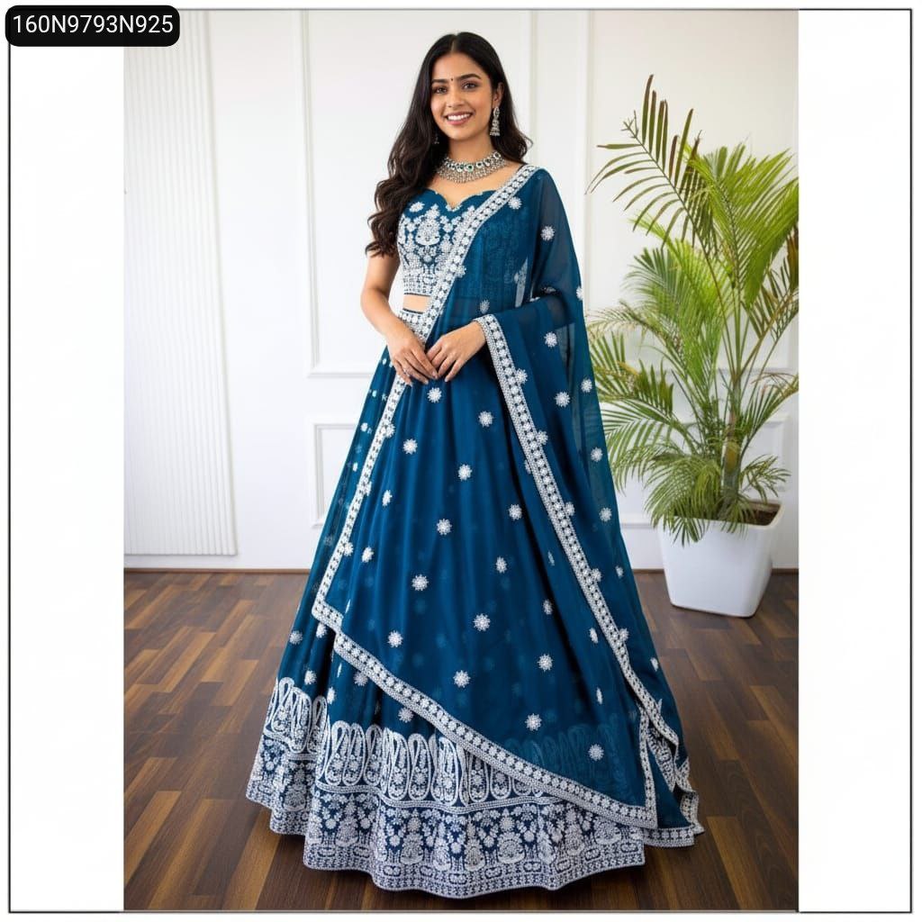 Model in Teal Blue Georgette Embroidered Lehenga Choli, front view, by TRENDBUY