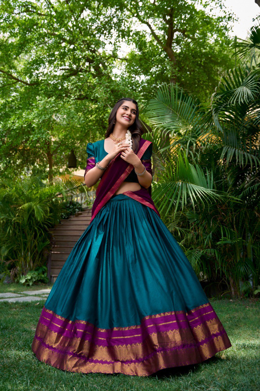 Teal Blue South Style Poly Cotton Half Saree – A Timeless Blend of Tradition & Elegance