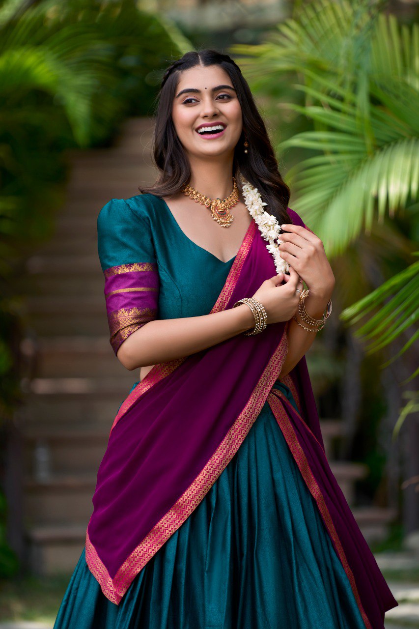 Teal Blue South Style Poly Cotton Half Saree – A Timeless Blend of Tradition & Elegance
