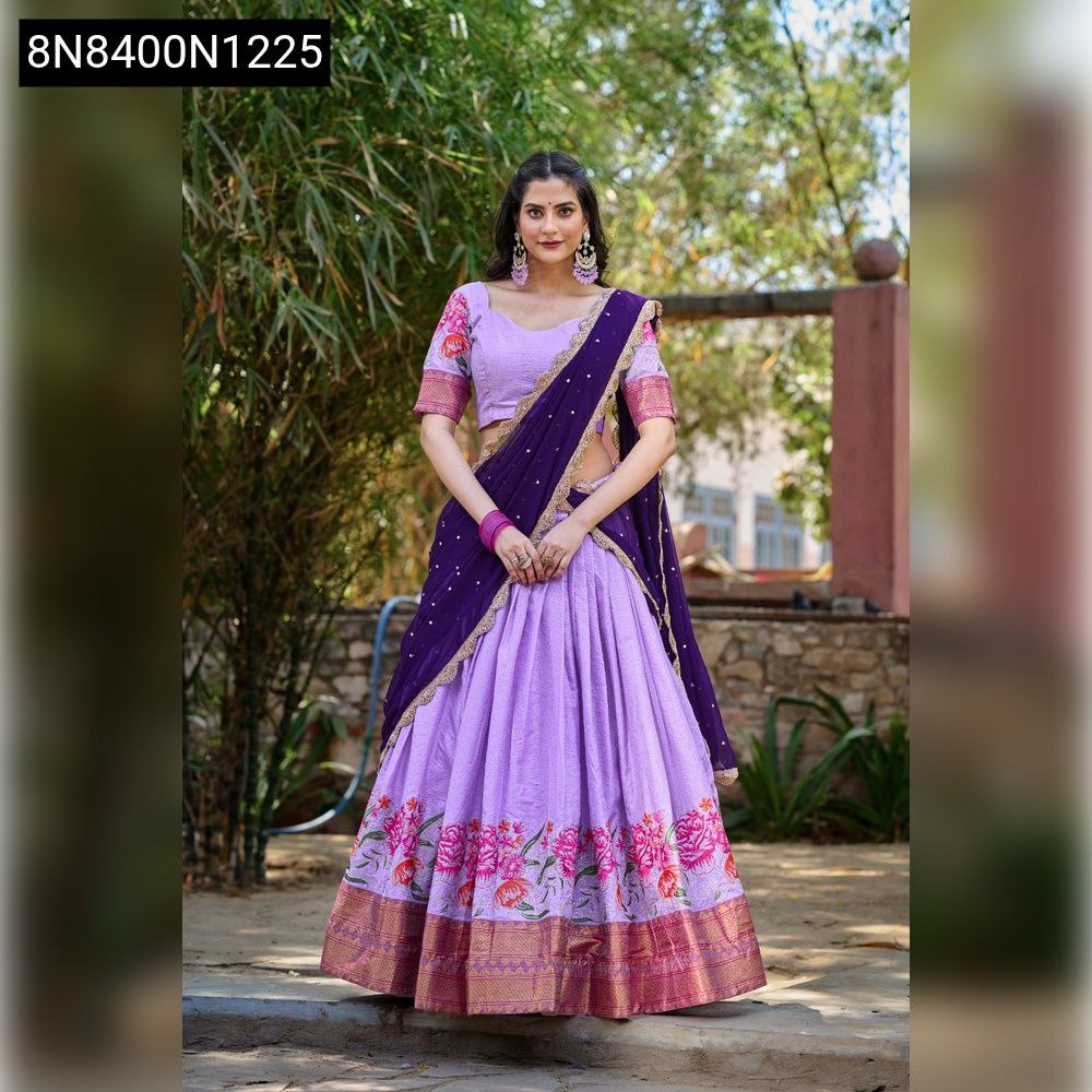 TRENDBUY Lavender Cotton Silk Lehenga Choli with thread embroidery and Georgette dupatta, front view