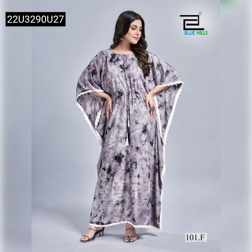 TRENDBUY women's charcoal grey tie-dye rayon slub kaftan dress with lace border, full front view