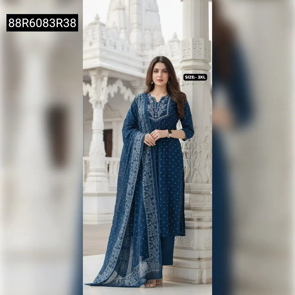 Model wearing Teal Blue Anarkali Kurti Set with white embroidery, premium cotton fabric.