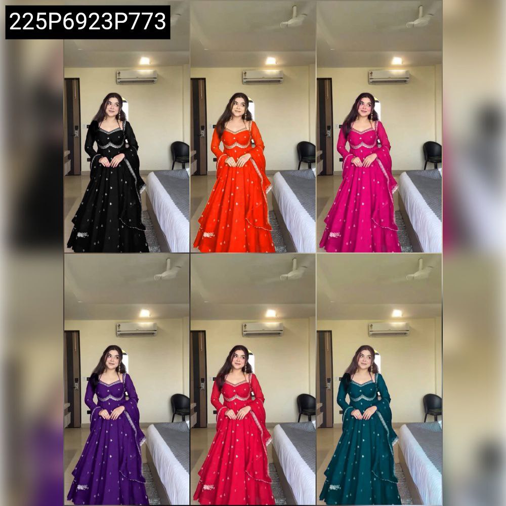 Collection of Women's Anarkali Suits in Black, Sunset Orange, Fuchsia Pink, Royal Purple, Scarlet Red, and Emerald Teal with thread and sequence work.