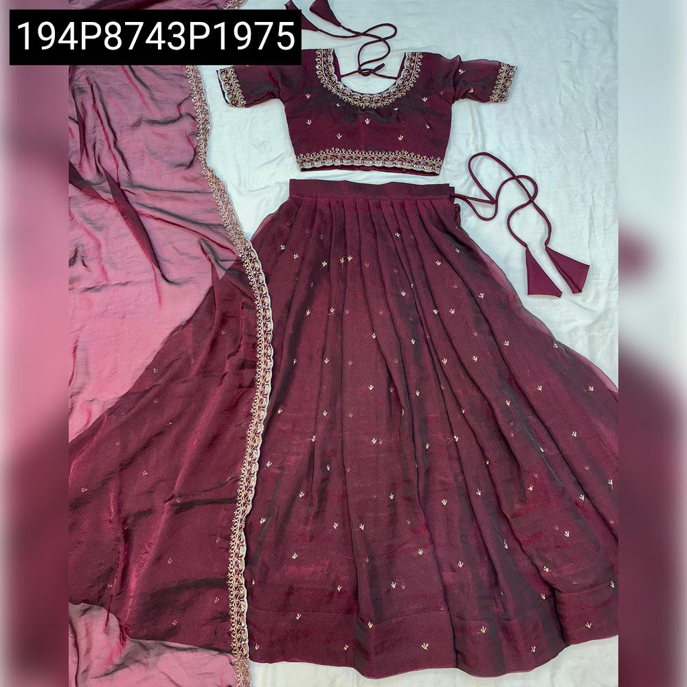 TRENDBUY Dusk Wine Tissue Silk Embroidered Lehenga Set flat lay