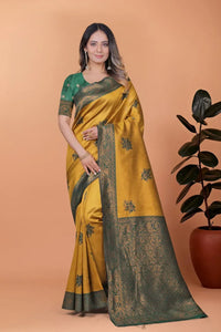 Traditional Banarasi Silk Saree with Contrast Blouse for Festive Wedding Wear