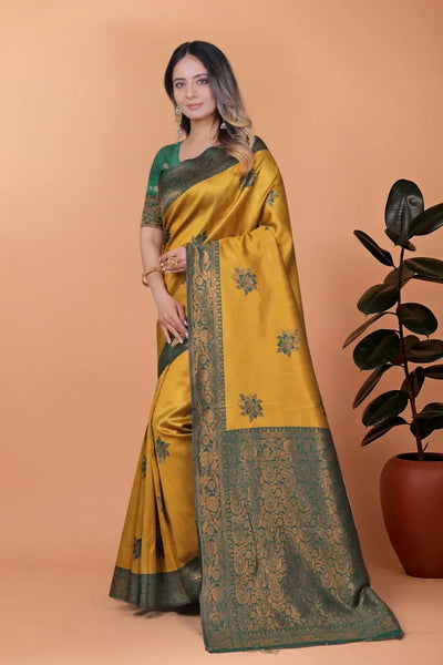 Traditional Banarasi Silk Saree with Contrast Blouse for Festive Wedding Wear