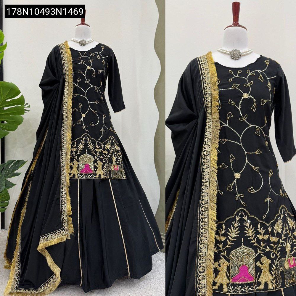Black Crepe Silk Lehenga Set with gold embroidery on mannequin, front view.