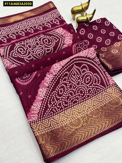 Exquisite Dola Silk Bandhani Print Saree with Heavy Jacquard Border