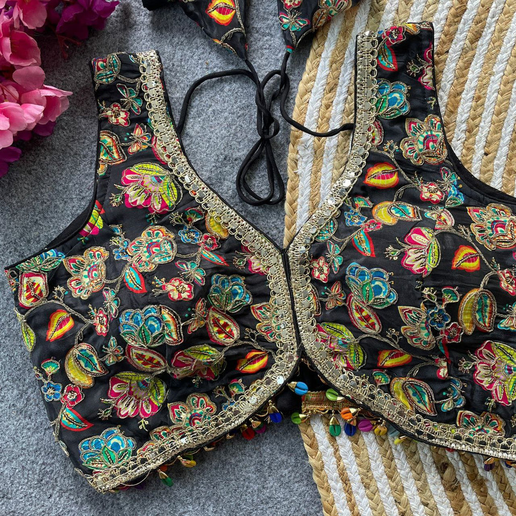 Jet Black Embroidered Crepe Blouse with vibrant floral patterns and mirror work.