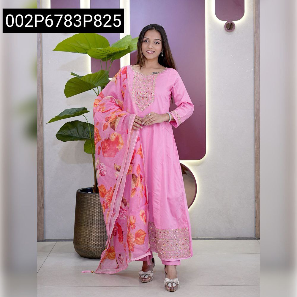 Women's Pink Embroidered Roman Silk Kurta Pant Set with Floral Dupatta, front view