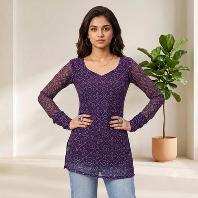 Traditional Georgette Bandhani Short Kurti with Elegant Back Design for Women