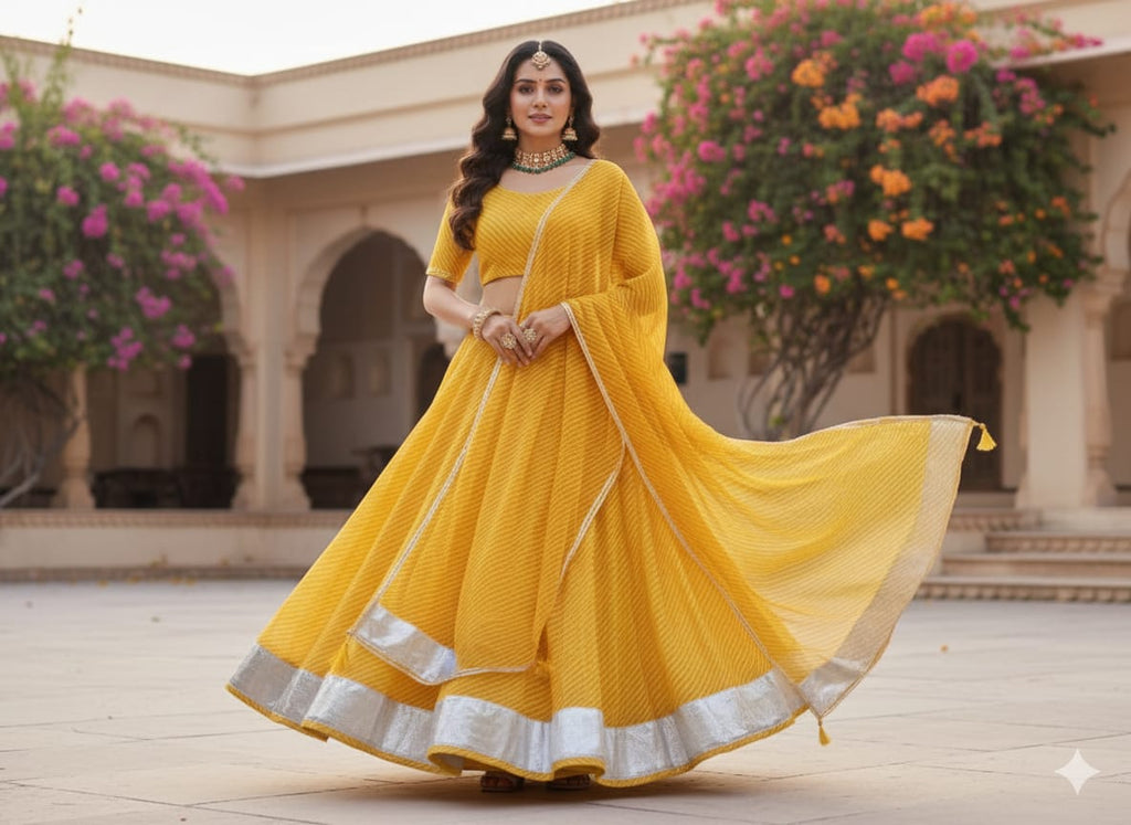 Model in TRENDBUY Yellow Georgette Lehengiya Chaniya Choli with flowing dupatta