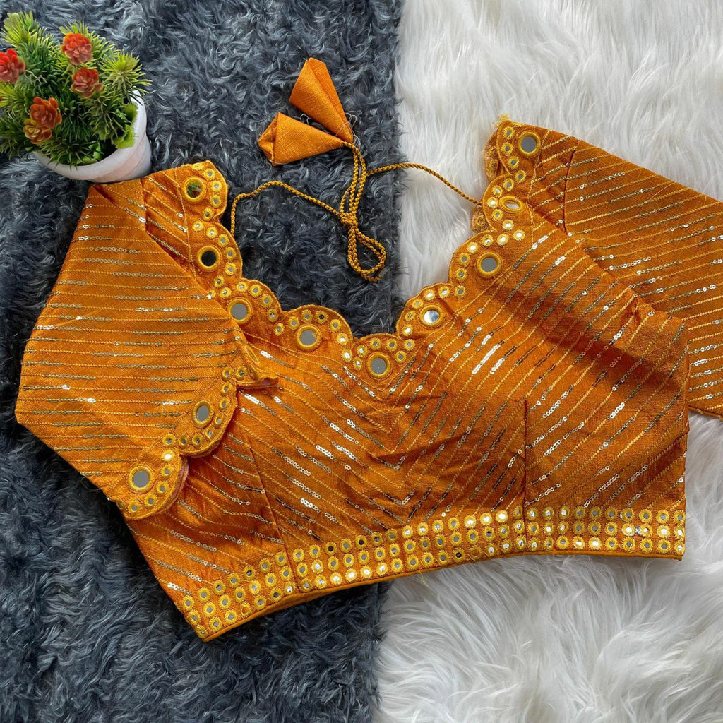 Mustard Yellow Heavy Fantom Silk Blouse with Mirror Work and Sequence Embroidery for Women by TRENDBUY