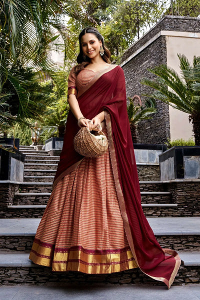 Traditional Kanchi Cotton Chex Lehenga Choli with Rich Zari Border - Festive Wear for Women