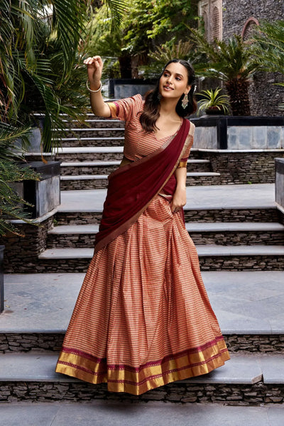 Traditional Kanchi Cotton Chex Lehenga Choli with Rich Zari Border - Festive Wear for Women