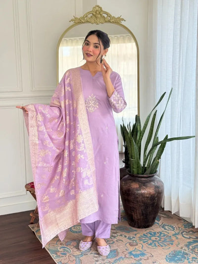 Traditional Lavender Rayon Kurti Set - Embroidered Ethnic Wear for Women
