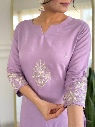 Traditional Lavender Rayon Kurti Set - Embroidered Ethnic Wear for Women