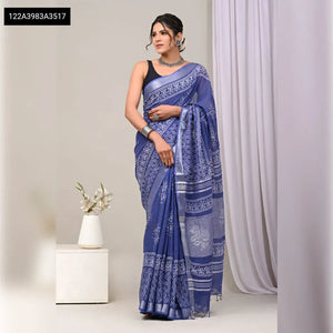 Traditional Linen Saree - Digital Printed with Silver Zari Border for Festive & Party Wear