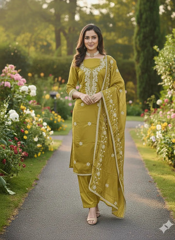 Traditional Mahendi Roman Silk Embroidered Suit for Festive Wear