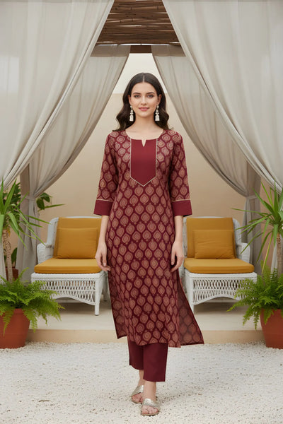 Traditional Maroon Cotton Kurta Pant Set - Festive Ready for Women
