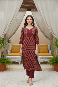 Traditional Maroon Cotton Kurta Pant Set - Festive Ready for Women
