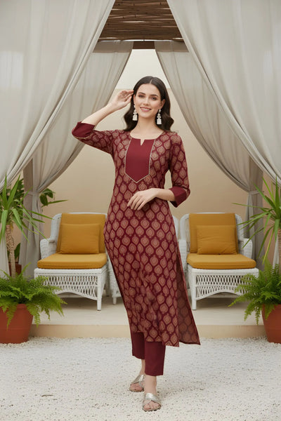 Traditional Maroon Cotton Kurta Pant Set - Festive Ready for Women