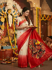 Traditional Mul Cotton Saree with Gold Pattu Border - Elegant Durga Puja Festive Wear