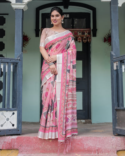 Traditional Pink Floral Linen Saree for Women | For Festive & Everyday Elegance
