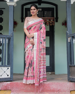 Traditional Pink Floral Linen Saree for Women | For Festive & Everyday Elegance