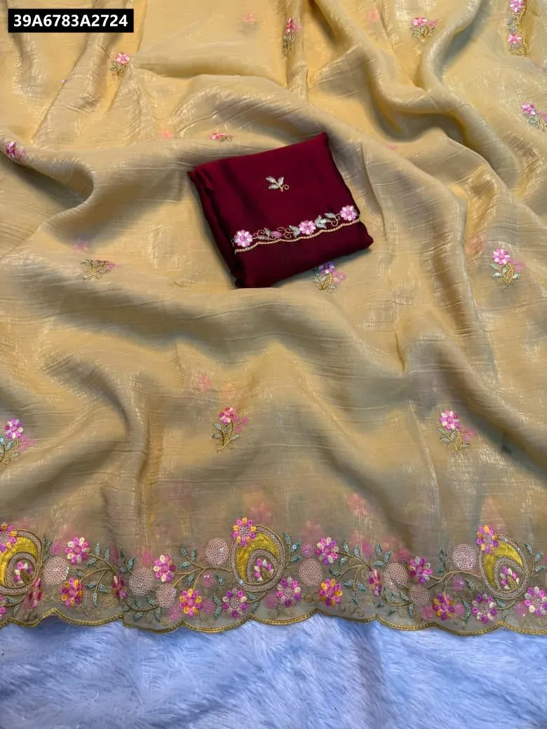 TRENDBUY Cream Beige Sequence Embroidered Saree with Maroon Blouse
