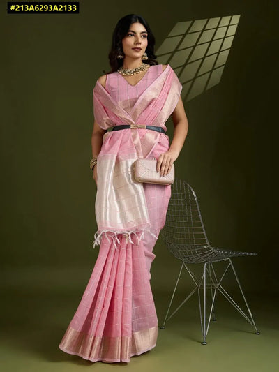 Traditional Tissue Linen Saree - Gota Patti Zari for Festive Wear