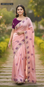 TRENDBUY Aqua Blue Faux Silk Saree with Embroidered Leaf Border & Stitched Blouse