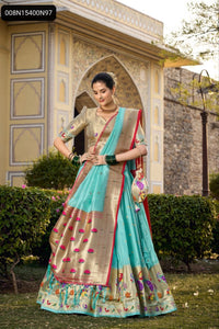 TRENDBUY Aqua Blue Paithani Jacquard Silk Lehenga Choli with Zari Weaving & Batwa