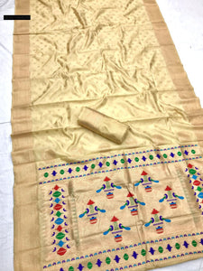 TRENDBUY Banarasi Lichi Silk Paithani Saree with Copper Zari Weave & Peacock Pallu