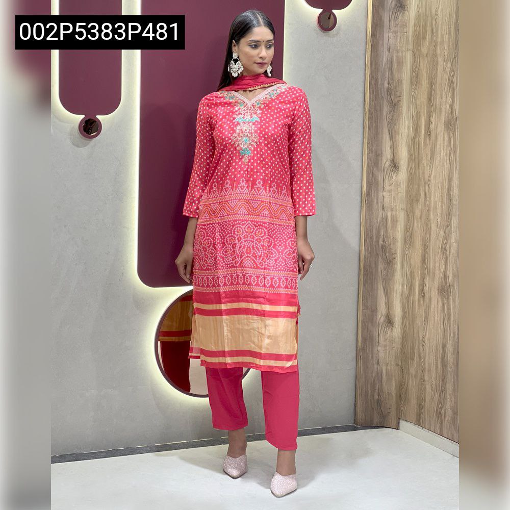 Full body model shot showcasing a fuchsia pink Chinon kurti set with bandhani print, V-neck embroidery, and striped hem, with matching pants and dupatta.