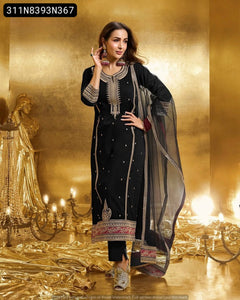 TRENDBUY Black Embroidered Faux Georgette Suit Set with Dupatta