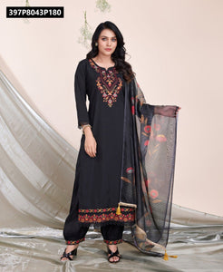 TRENDBUY Black Embroidered Viscose Silk Kurta Set with Organza Dupatta