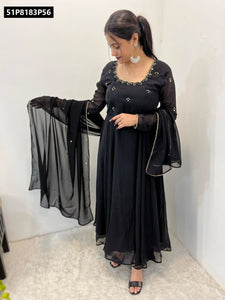 TRENDBUY Black Georgette Hand Mirror Embroidered Anarkali Gown Set