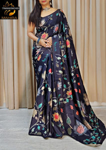 TRENDBUY Black Heavy Georgette Saree with Multicolor Tulips Digital Thread Print