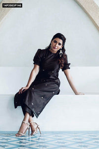 TRENDBUY Black Magic Cotton Embroidered Kurti with Puff Sleeves & Pants Set