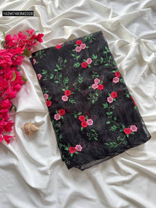 TRENDBUY Black Organza Saree with Pink Red Floral Embroidery & Scalloped Border
