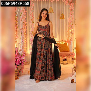 TRENDBUY Black Patola Digital Printed Rayon Gown with Dupatta