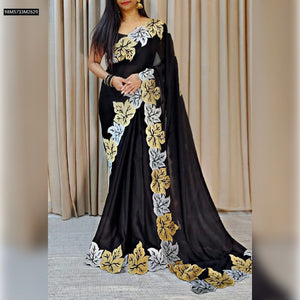 TRENDBUY Black Vichitra Silk Saree with Zari Leaf Embroidery & Unstitched Blouse