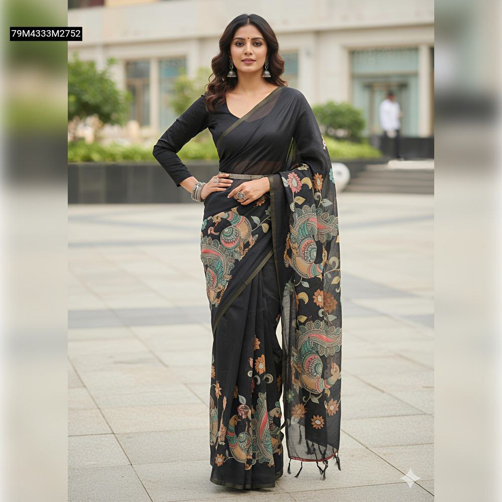 Model in TRENDBUY Black Gold Linen Saree with intricate Peacock Kalamkari digital print, styled gracefully for a sophisticated look.