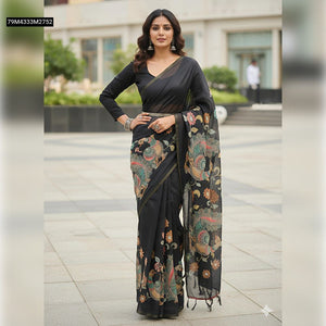 TRENDBUY Blooming Gold Linen Saree with Peacock Kalamkari Digital Print